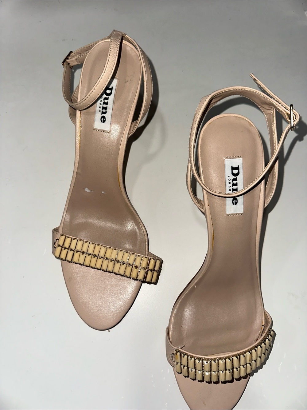 Dune London Beige Beaded Ankle-Strap Heels